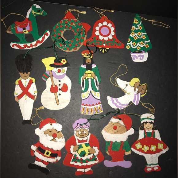 12 Vintage Flat Wooden Christmas Ornaments Hand Painted Double Sided - Picture 1 of 11